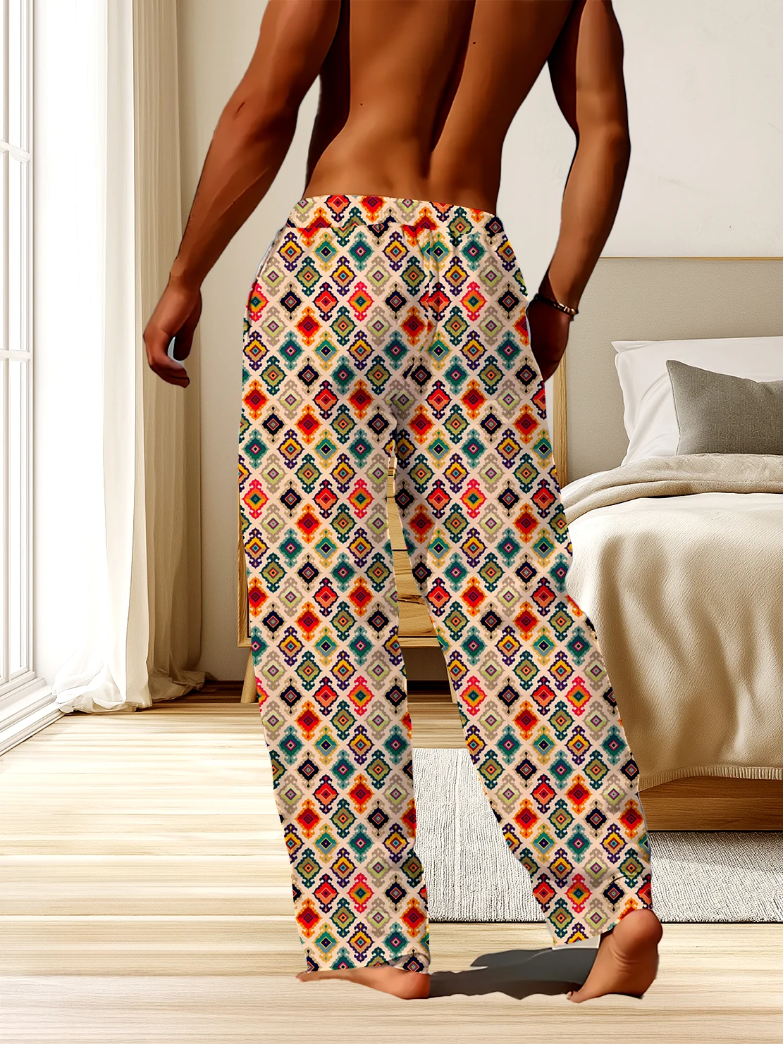 

Весенне-осенние мужские свободные и удобные геометрические узоры с 3D цифровой печатью и прочными повседневными брюками в этническом стиле.