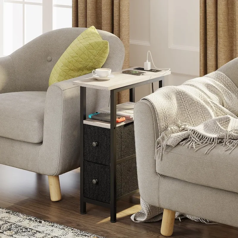 End Table with Charging Station, Narrow Side Table with 2 Fabric Drawers, Narrow Nightstand with LED Lights