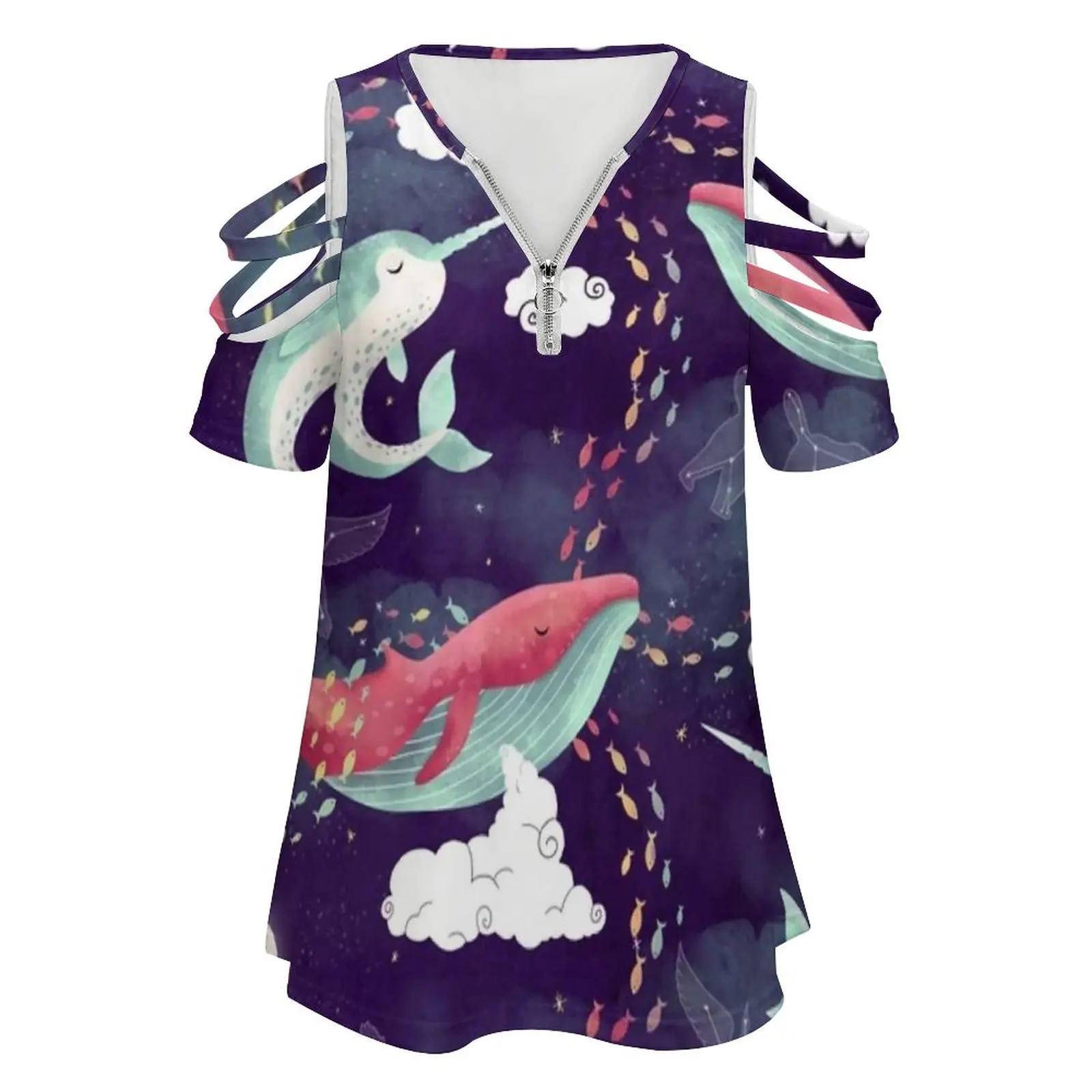 Dream Whales Women T-Shirt Crewneck Casual Short Sleeve Tops Summer Tees Whales Dream Fish Narwhal Stars Space Night Galaxy