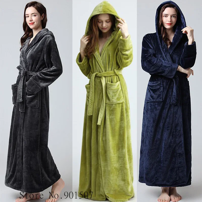 

Extra Long Winter Coral Fleece Bathrobe Women Hooded Warm Kimono Bath Robe Cozy Kimono Shower Robes Loose Nightgown