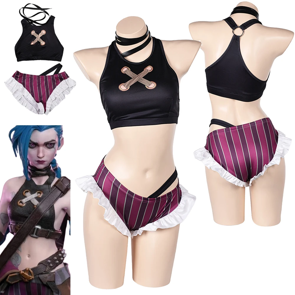 Arcane Jinx Cosplay Fantasia Swimsuit Costume Top Pants Summer Sexy Bikini Disguise Female Women Adult Halloween Carnival Suit