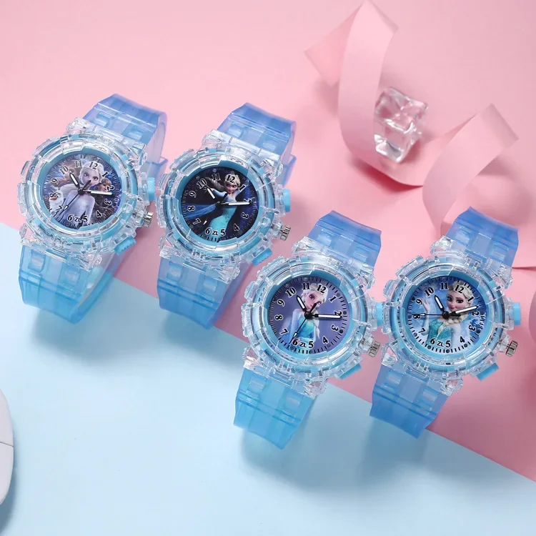 Disney Frozen Princess Pattern Led Glowing Flash Children Watch Toys Fashion Quartz Wristwatch Christmas Gifts for Kids