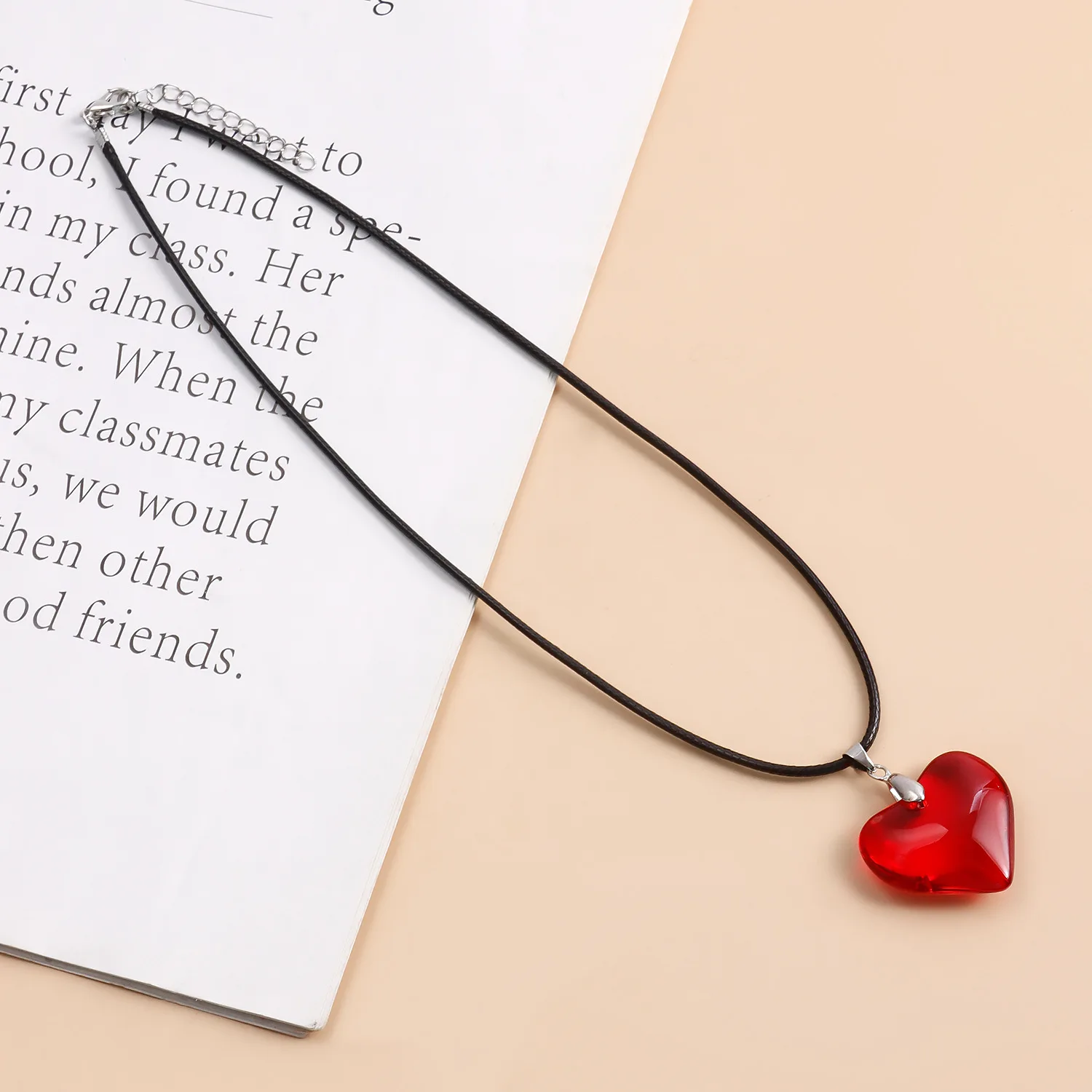 Red Heart Pendant Necklace For Women Girls Glass Crystal Necklace Black Leather Rope Chain Necklaces Y2k Jewelry Friends Gift image 5