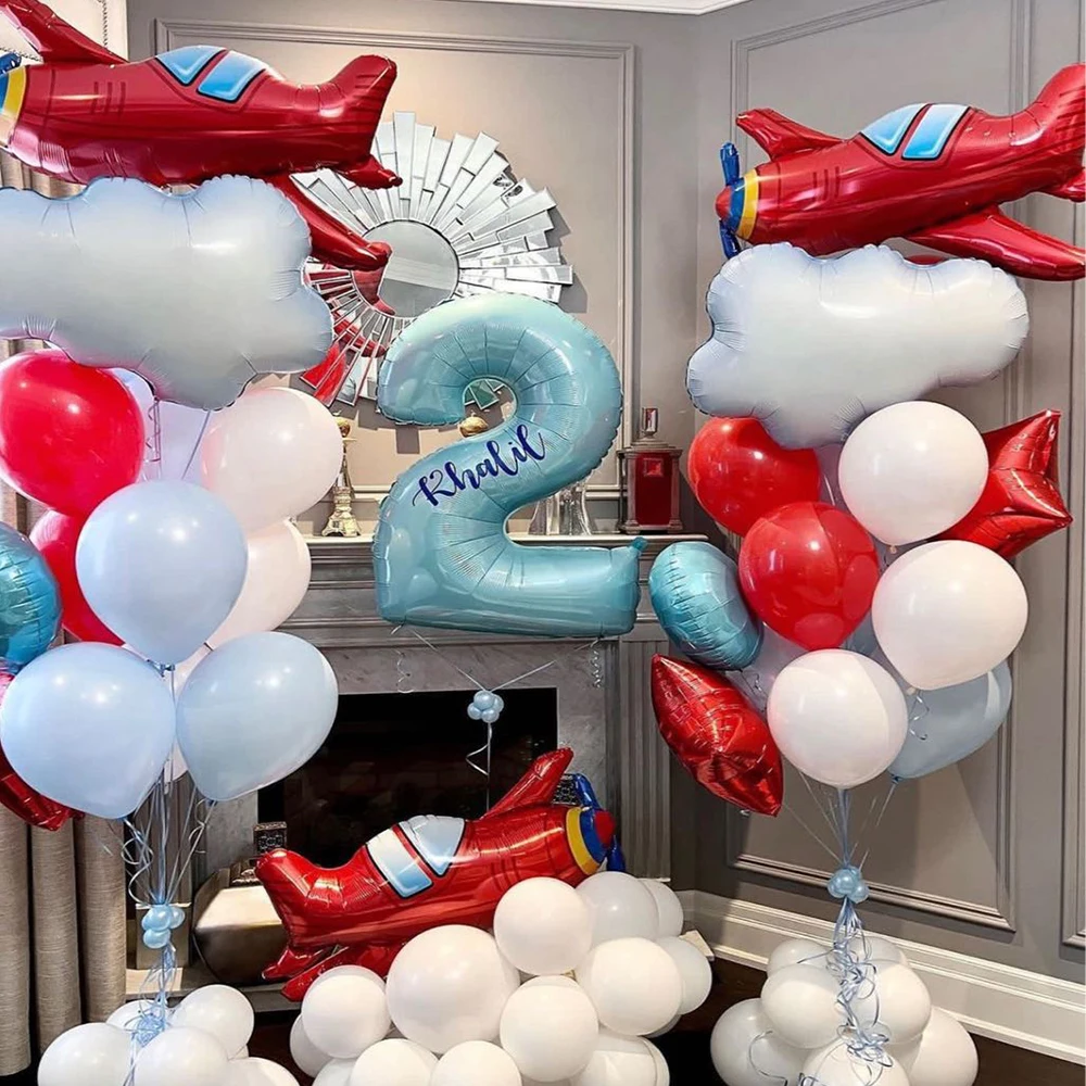 Airplane Cloud Foil Balloon Blue 40Inch Number Balloon Pilot Adventure Theme Birthday Party Decoration Boys Baby Shower Decorati