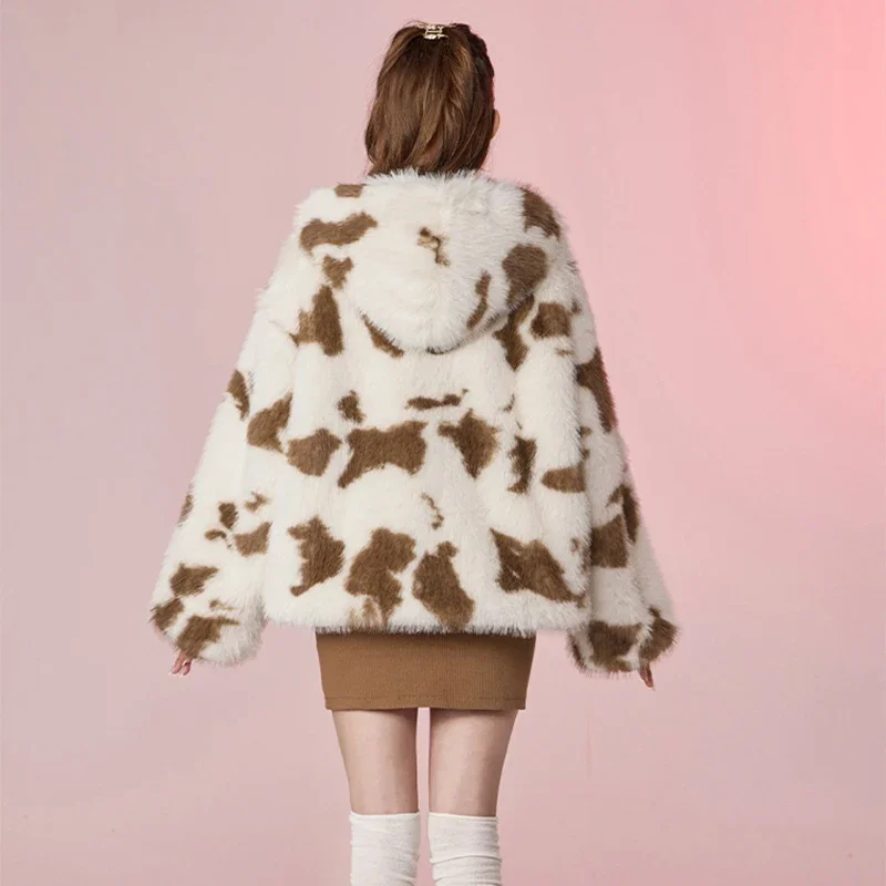 Oversized Leopard Faux Fur Coat Women Winter Sweet Harajuku Y2k Fashion Girls Thicken Fox Fur Jacket Hooded Overcoat Outwear