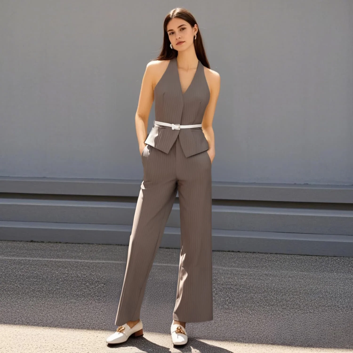 

2025 Taop&Za Womens Sets Sleeveless Vest and Striped Trousers with Belt for a Stylish and Professional Look