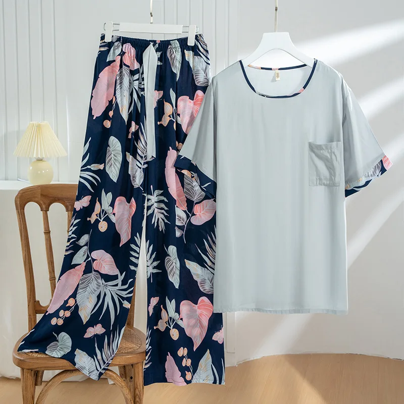 Cotton Rayon Pajamas For Women Spring Summer Sleepwear New Short Sleeved Long Pant Two-Piece Set Casual Printed Home Clothes