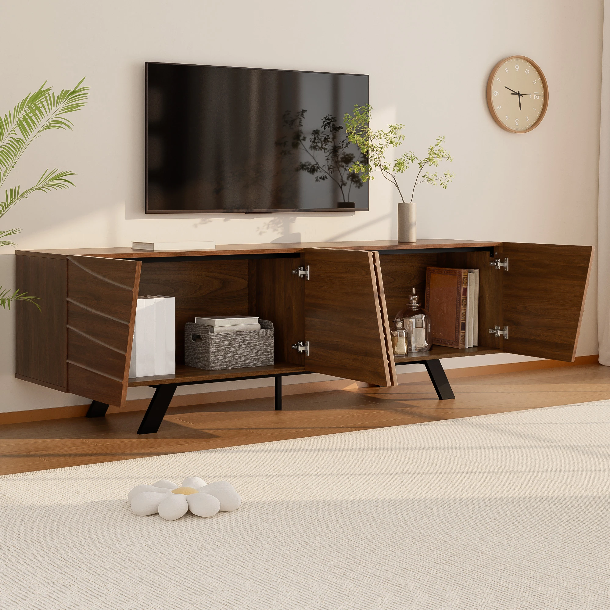 Meuble TV design avec portes ondulées et gestion des câbles - MDF - Noyer - pieds métal noir - 160x39x50.5 cm