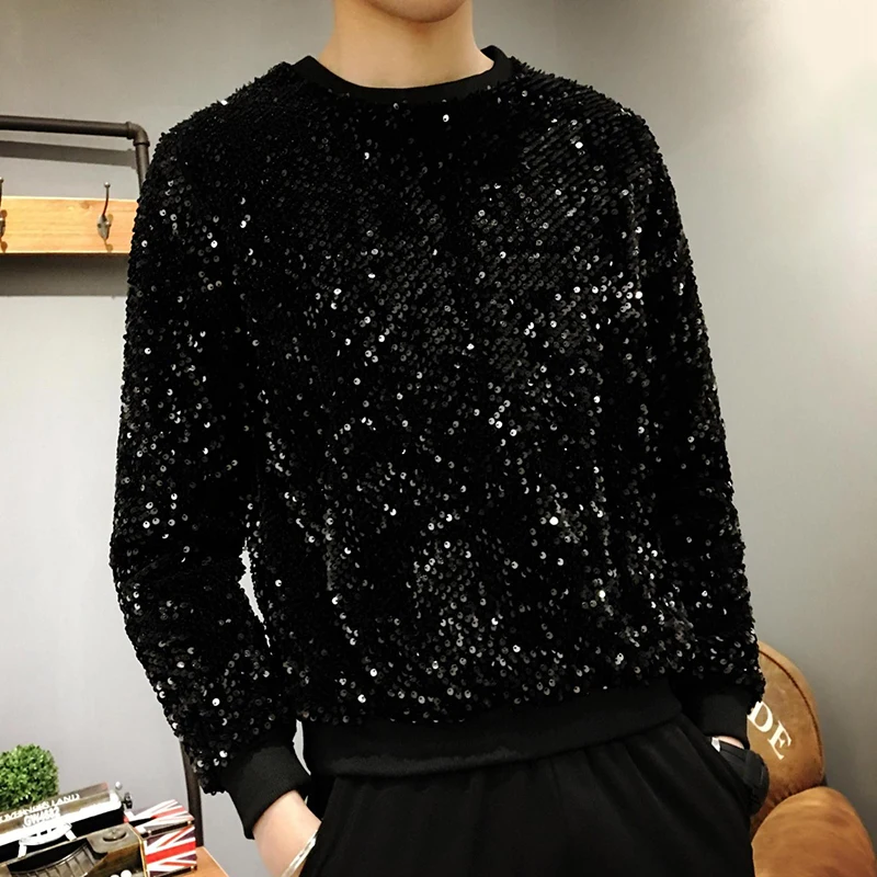 PFHQ Men\'s Sequin Sweater Pullover Fashion Stage Performance Costume Personality Handsome Advanced Glisten Tops Autumn 21Z3709