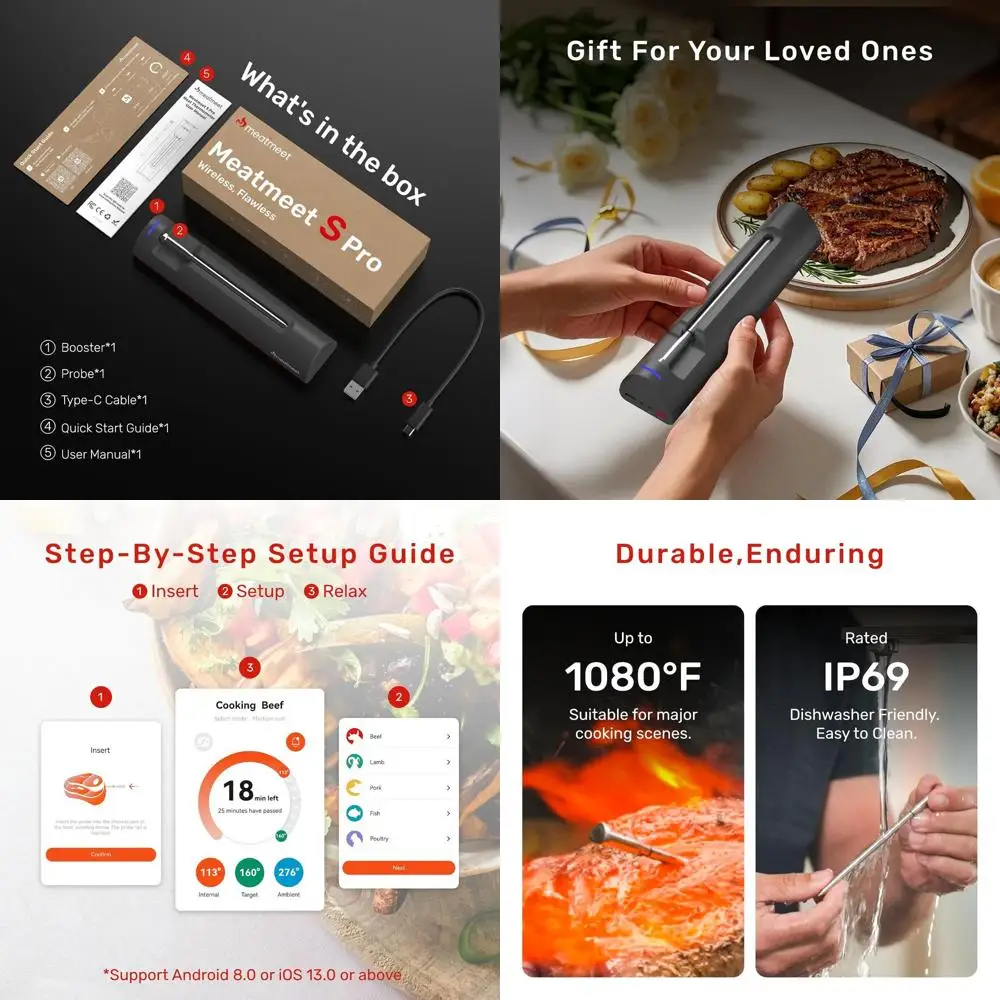 

Wireless Bluetooth Meat Thermometer with 6 Probes, 1080°F Range, Enhanced Signal, App Control, IP69 Rated, for Cooking in Oven,