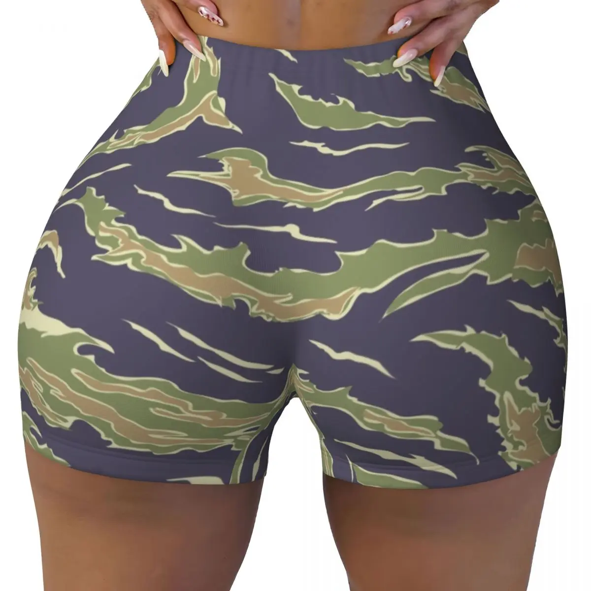 

Custom Women's Tiger Stripe Camouflage Workout Yoga Shorts Camo Athletic Gym Volleyball Biker Shorts