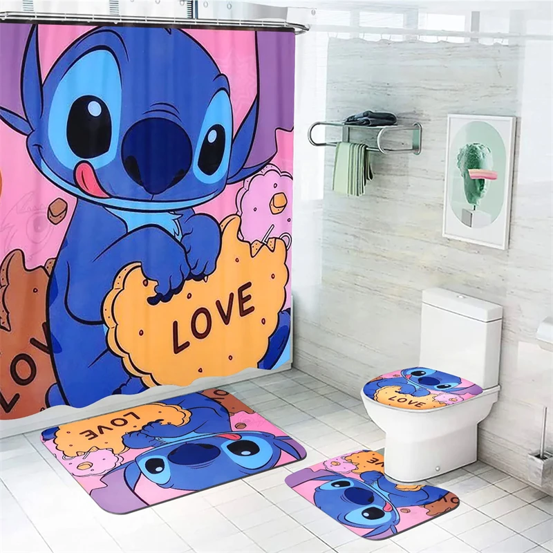 Stitch Shower Curtain Non-slip Carpet Toilet Mat Household Waterproof Set Bathroom Special Multi-size Suitable for Teen and Kid