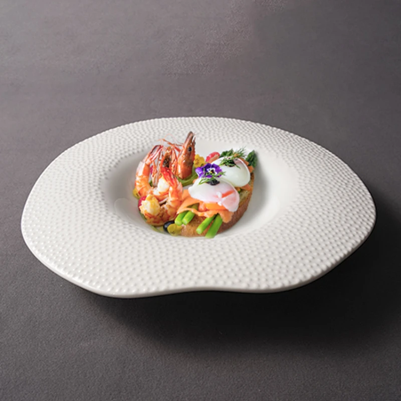 Western Restaurant High-grade Pure White Beaded Special-shaped Dish Artistic Conception Salad Plate Irregular Ceramic Tableware