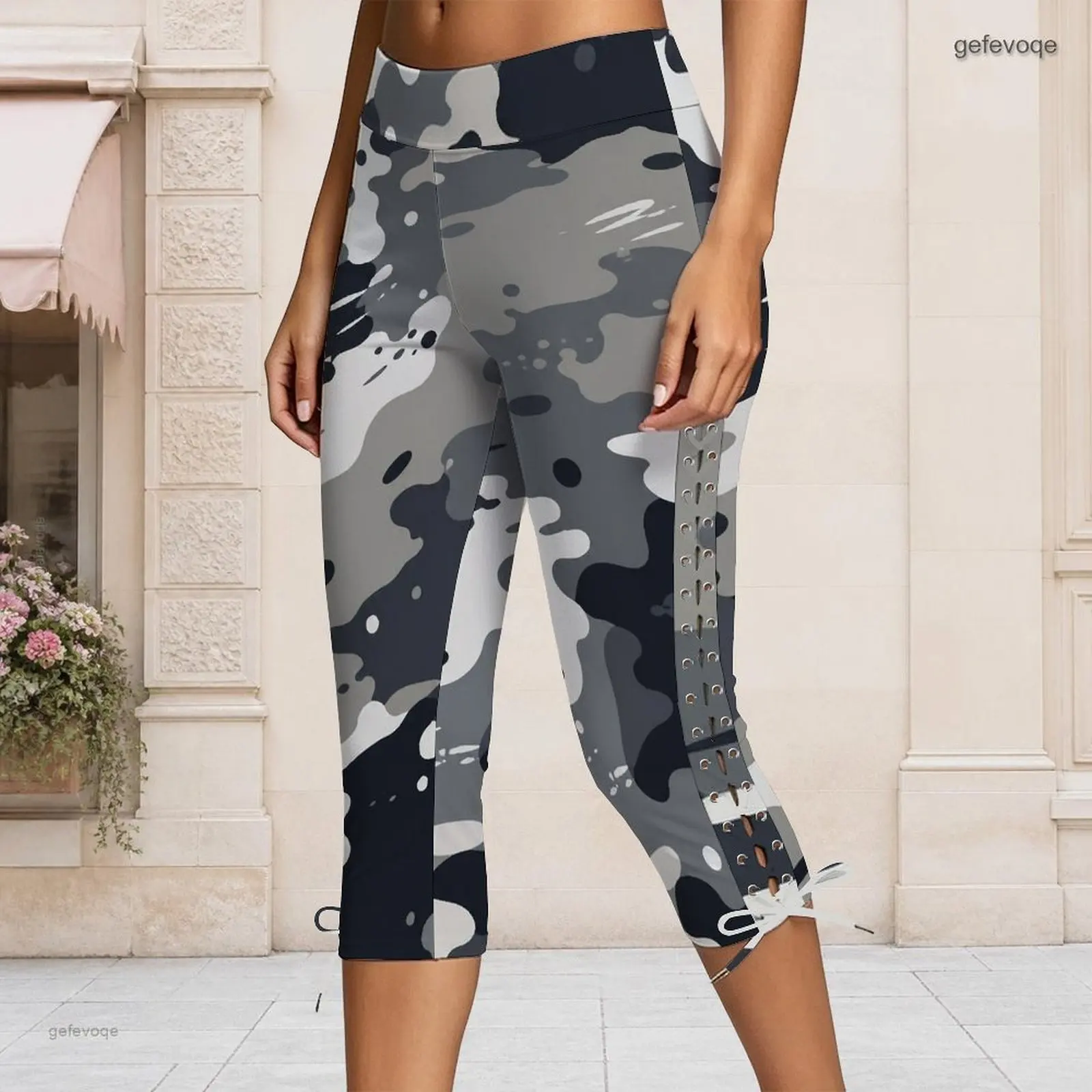 Women High Waist Fitted Abstract Camo Printed Capri Pants Side Eyelet Lace Up Cropped Leggings