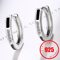 Selo 925 Sterling Silver Crystal Hoop Brincos para Mulheres, Brincos Pretos, Joalheria Clássica, Alta Qualidade, Novo