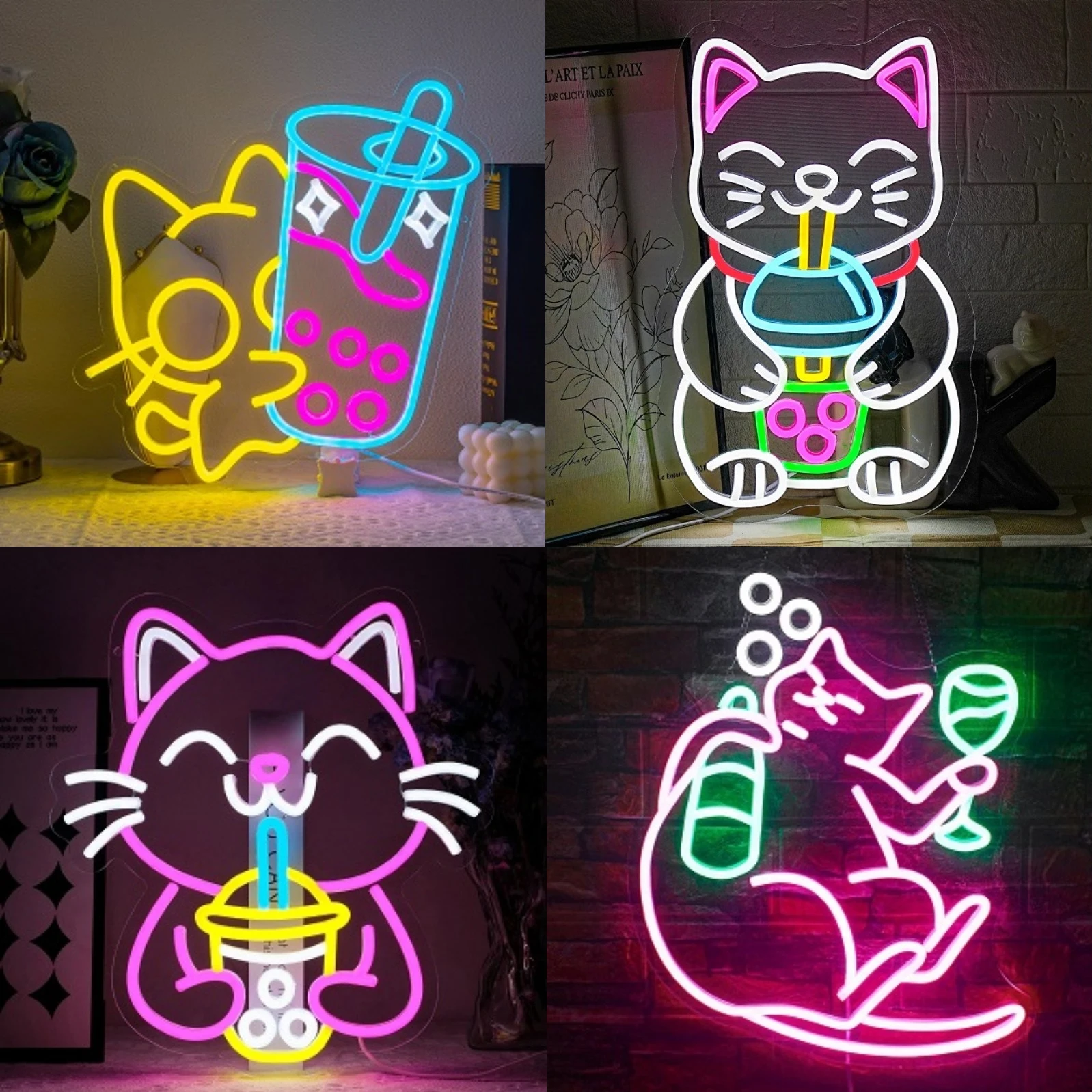 

Boba Tea Светодиодная неоновая вывеска Cat Beer Неоновая вывеска Bubble Tea Shop Знак Настенный декор с регулируемой яркостью Украшение комнаты Десертный магазин Бар Клуб USB