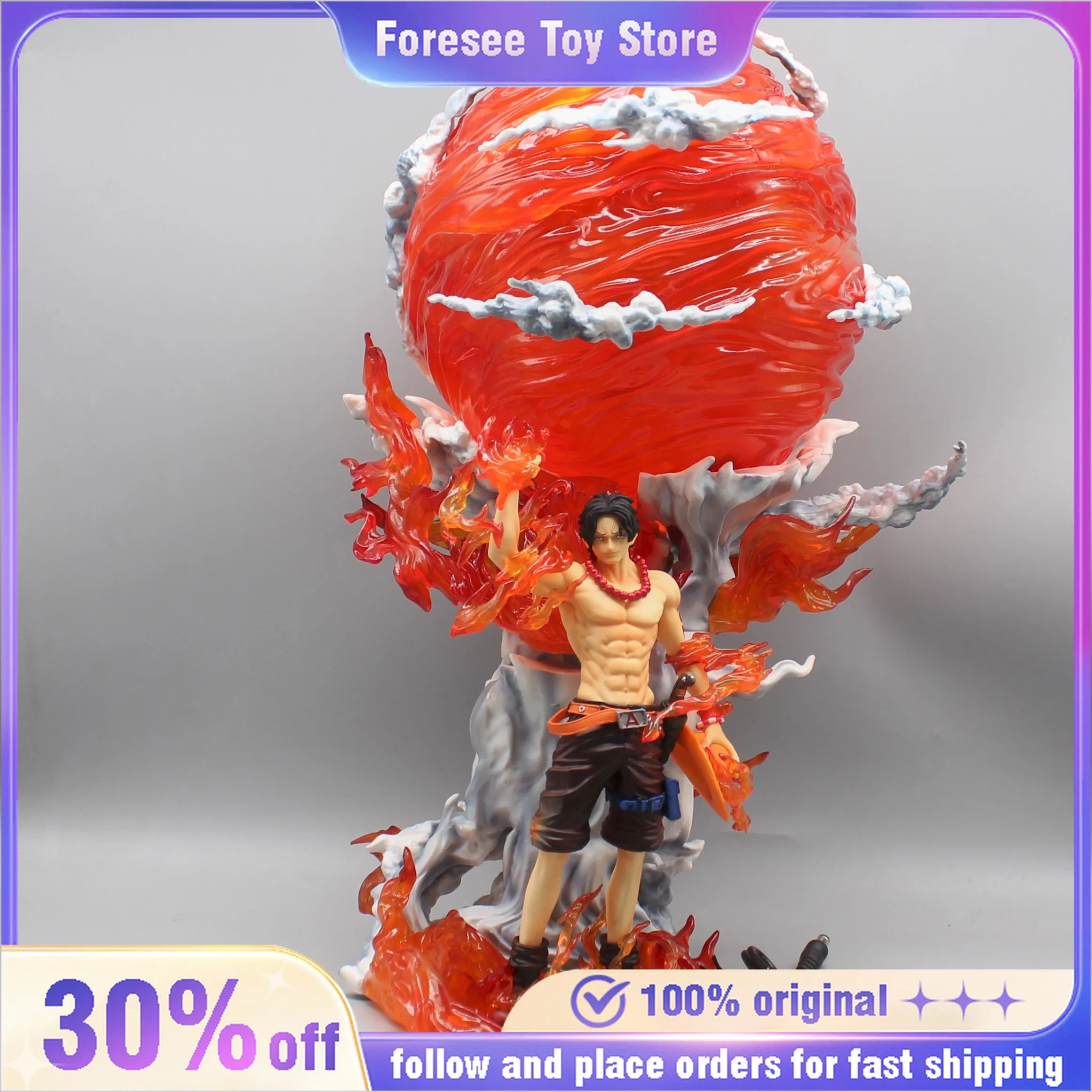 40cm One Piece GK Top Decisive Battle with Flame Emperor Ace  Figure Model Ornament Peripheral  Luminous Action Model Gifts Toys