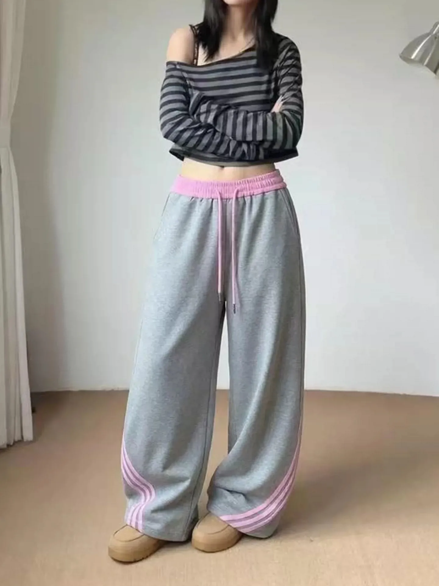 American Style Striped Splicing Wide Leg Pants Women's Spring Autumn New Color Collision Drawstring Sweatpants Loose Slimming...