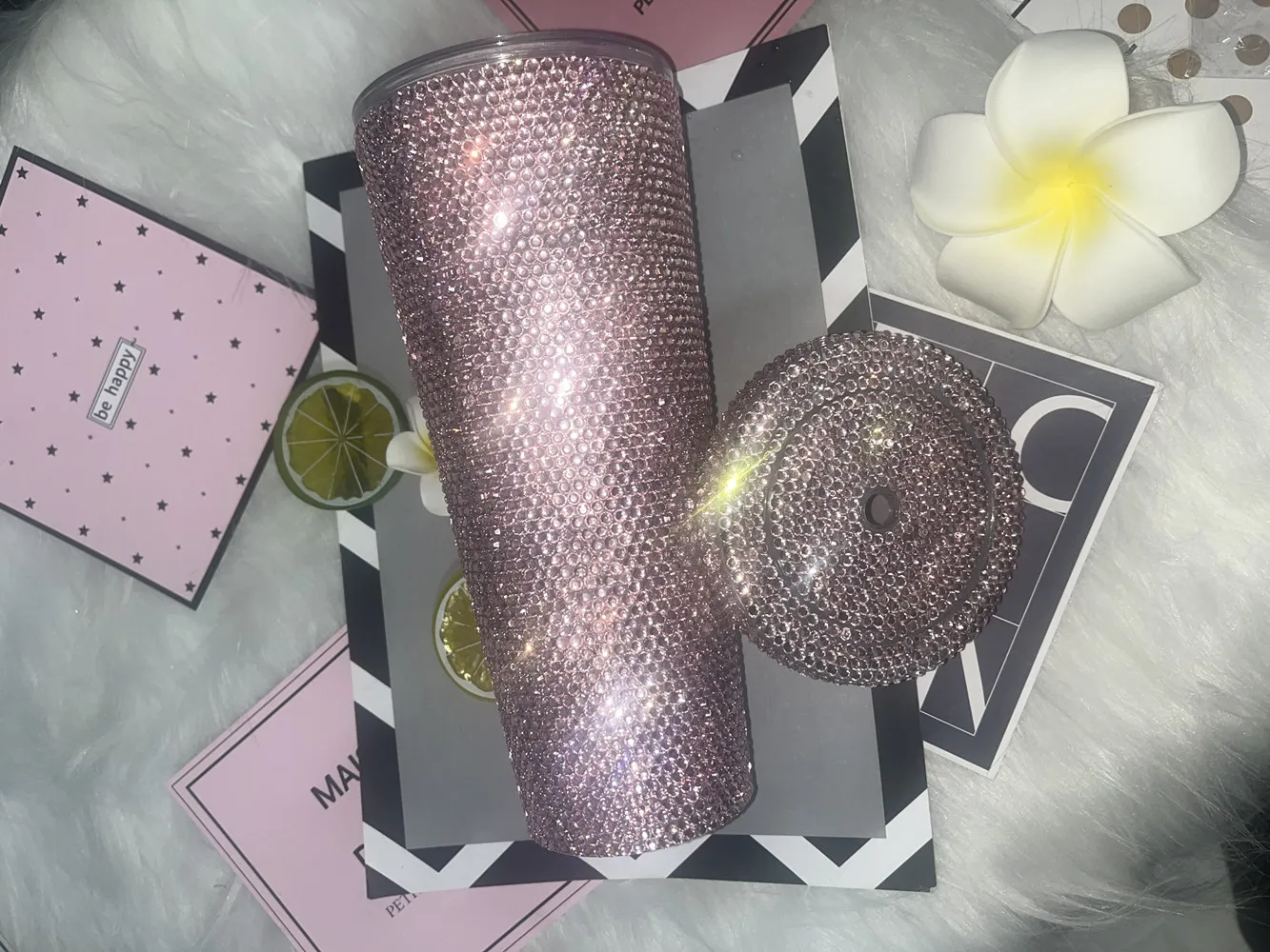 

Plain Resin Pink 24oz Handmade Bling Rhinestone Tumbler with a Lid for Lovely Girls Straw Coffee Handmade Water Cup