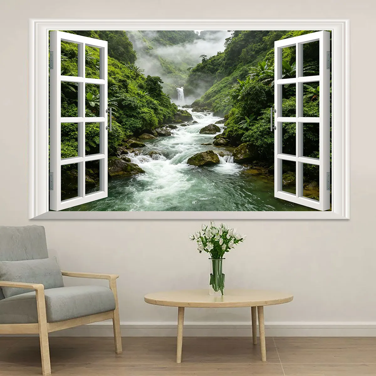 Window Waterfall Wall Sticker PVC Self Adhesive Waterproof Wallpaper Forest Stream Living Room Bedroom Nature Removable