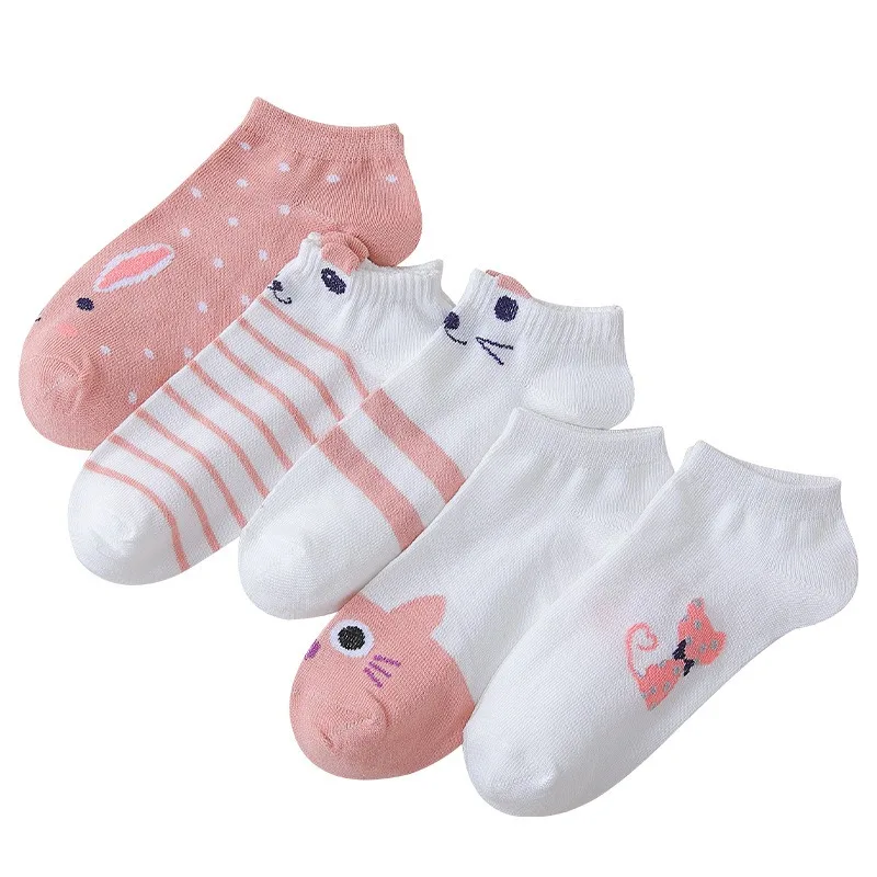 5 Pairs Women's Short Tube Socks Kitty Crew Low Tube Boat Sock Girls' Creative Printing Socks Cartoon Cute Kitten Ankle Socks