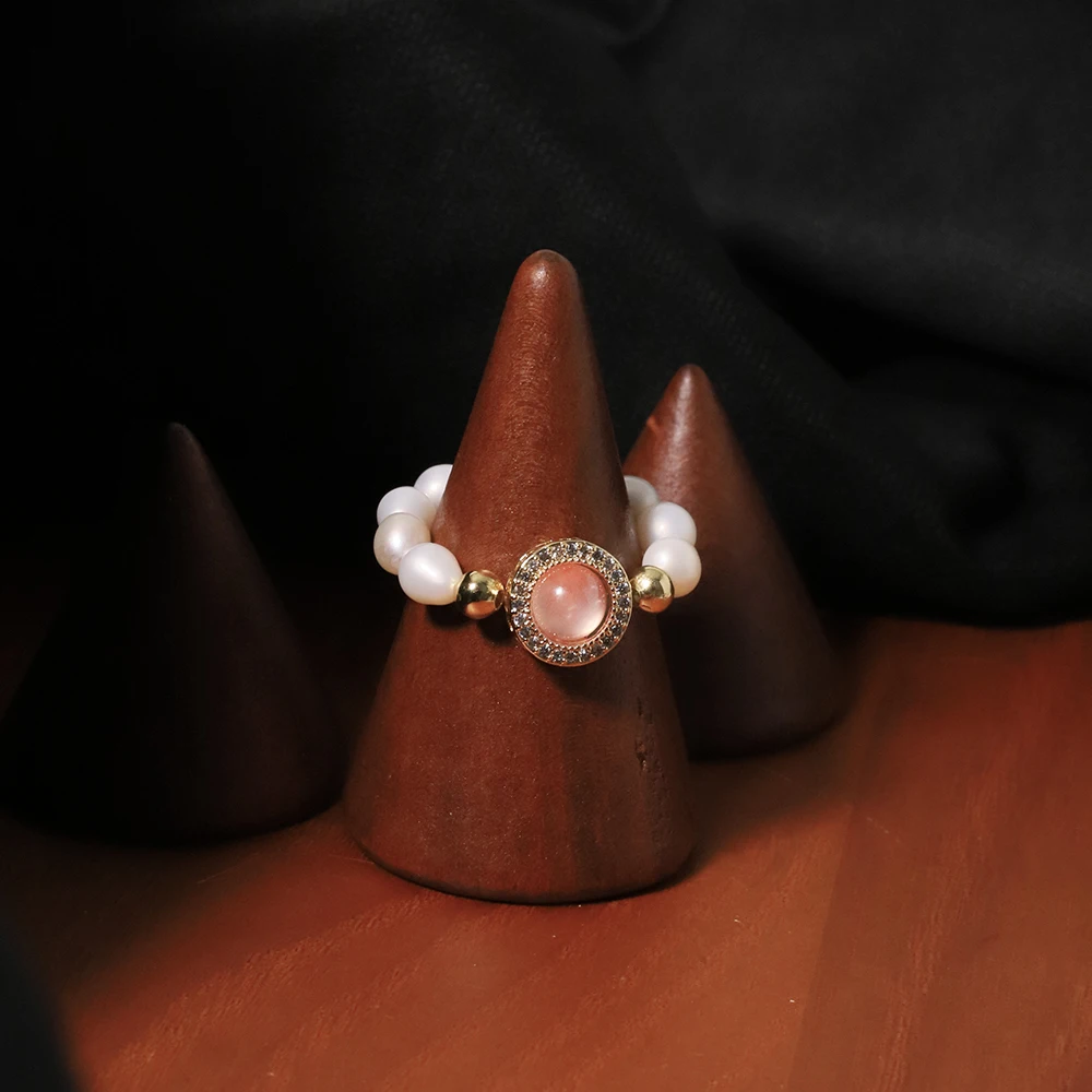 Natural Freshwater Pearl Pink Cat Eye Stone Ring Korean Style Women Luxury Jewelry Fashion Ladies and Girls Gift GR0406