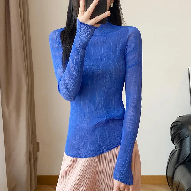 

Miyake Minimalist High Neck Long Sleeve T-Shirt New Casual Simple Base Shirt Women's Lightweight Transparent Stretch Willow Top