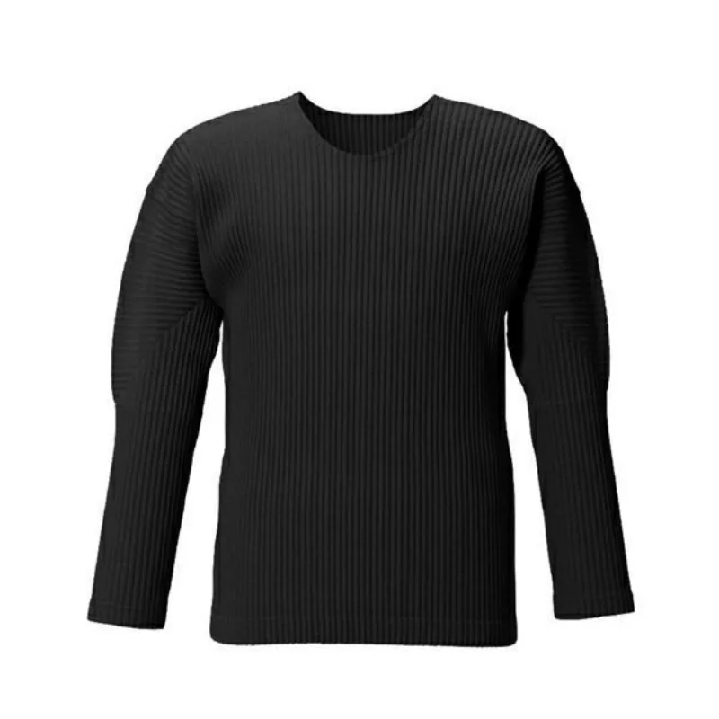 Miyake Pleated Long Sleeve T-Shirt Plisse Men 2026 Autumn New Round Neck Pleats Men's Top T-Shirt Japanese Retro Men Clothing