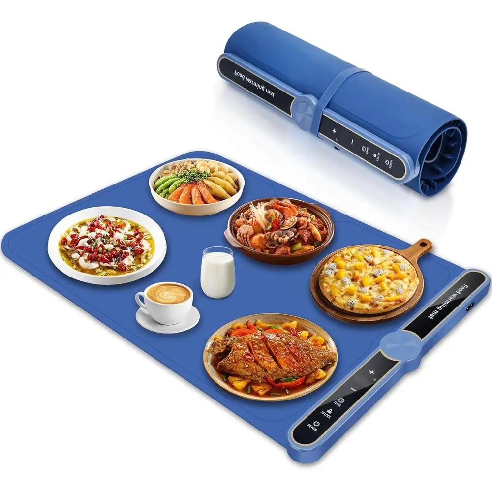 

Heating Silicone Electric Warming Mat with 9 Level Temperature, Roll Up for Parties Everyday Use 23.6'' x 15'', Blue