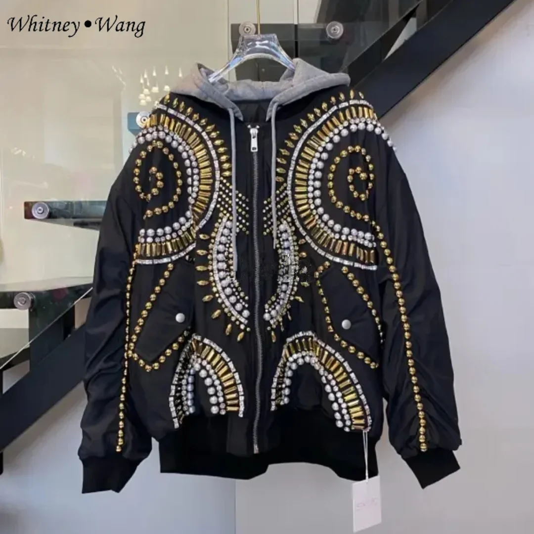 WHITNEY WANG Designer Style 2025 Spring Fashion Streetwear Handmade Crystals Beading Patchwork Hooded Bomber Jacket Women