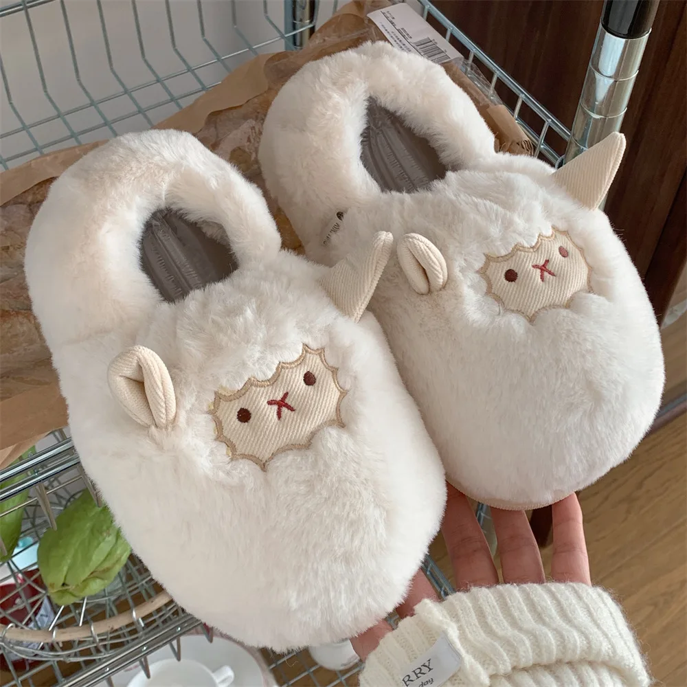 

Women's cute sheep fluffy slippers men's fashion animal non-slip thick-soled plush shoes winter soft warm cartoon fluffy shoes
