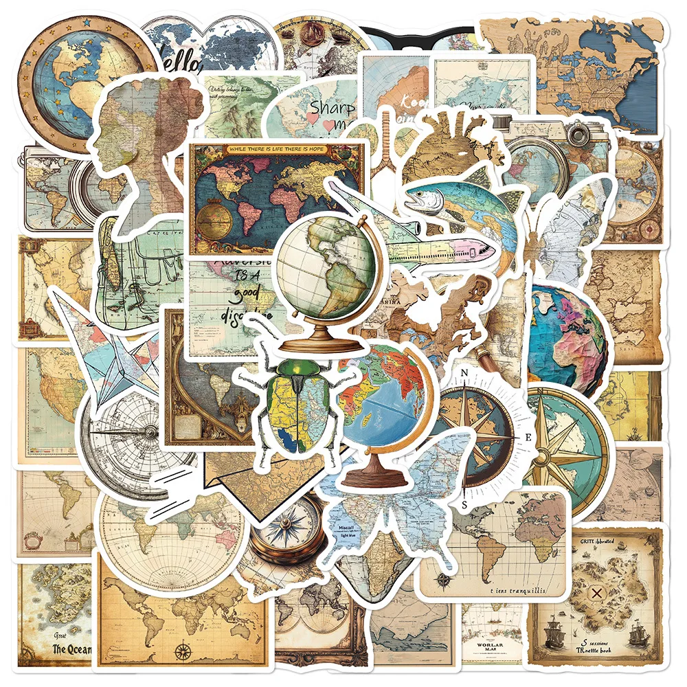 50Pcs  Vintage World Map Travel Stickers DIY Stickers Scrapbooking Phone Luggage Skateboard Vinyl  Waterproof  Decals