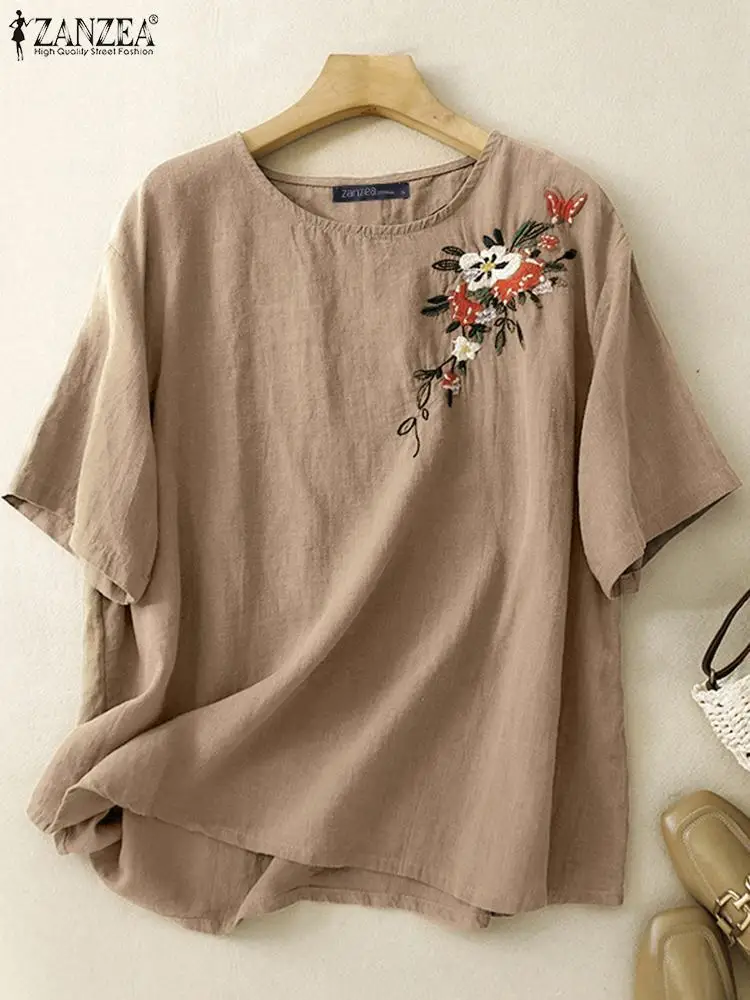 ZANZEA-Blusas Vintage de media manga para mujer, Tops sencillos con bordado Floral y cuello redondo, con botones sueltos e informales, para verano, 2024