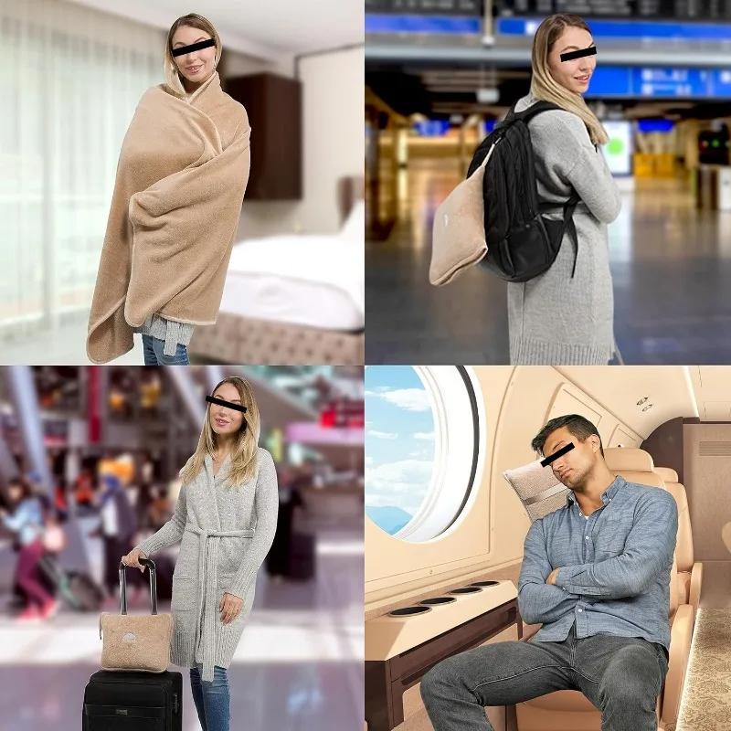 Premium Soft Travel Blanket Pillow Airplane Blanket Packed in Soft Bag Pillowcase with Hand Luggage Belt and Backpack Clip