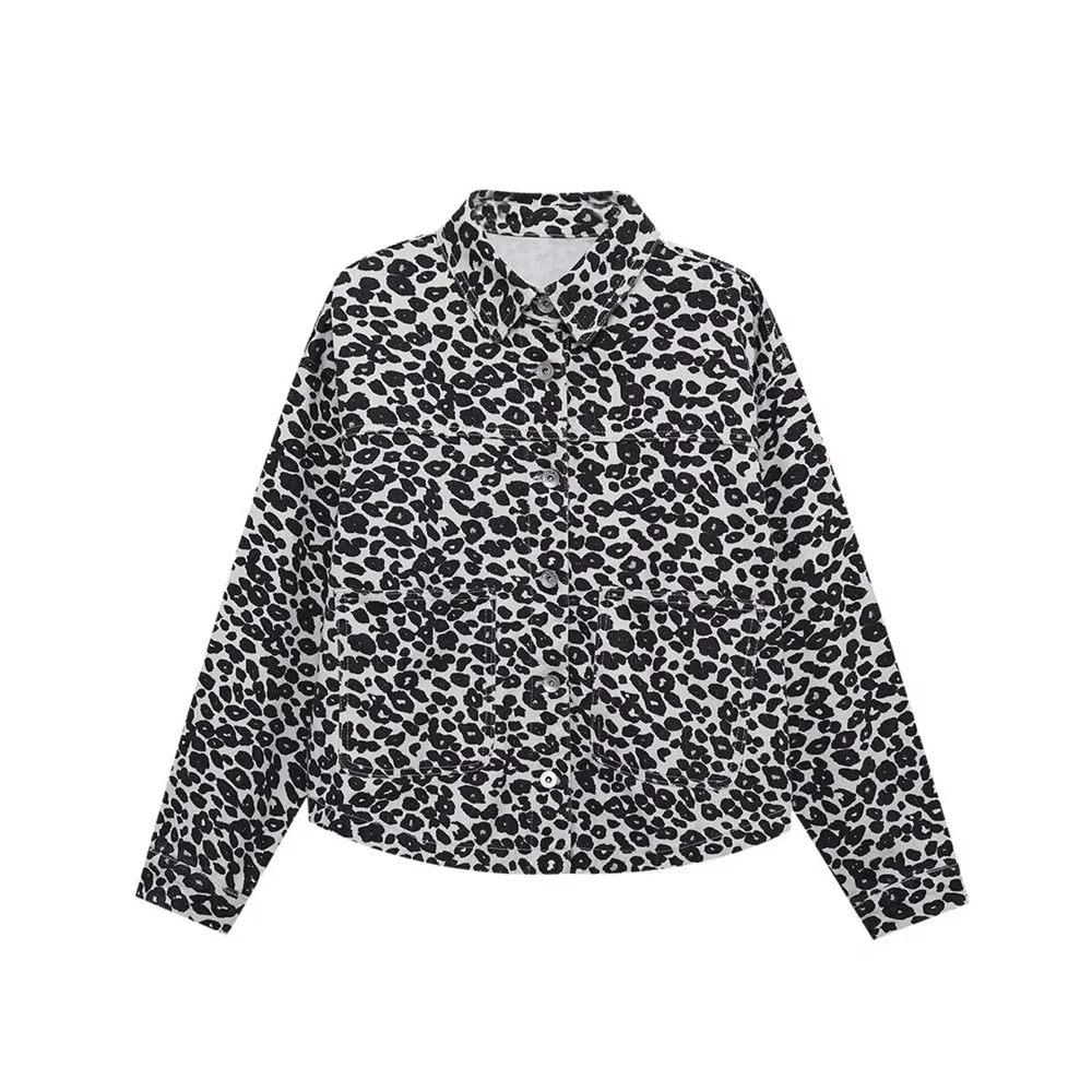

BMURHMZA women's new fashionable loose leopard print lapel long sleeved pocket with denim jacket jacket