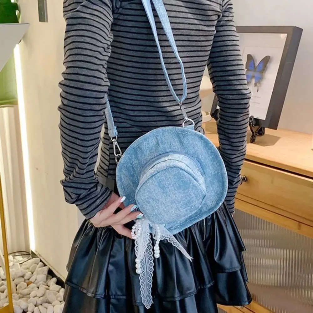

Simple Vintage Denim Hat Crossbody Bag Large Capacity Solid Color Denim Canvas Bag Bow Handbag Jeans Shoulder Bag Outdoor