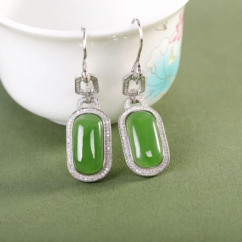 S925 Sterling Silver Inlaid Hetian Jade Geometric Eardrop Earring