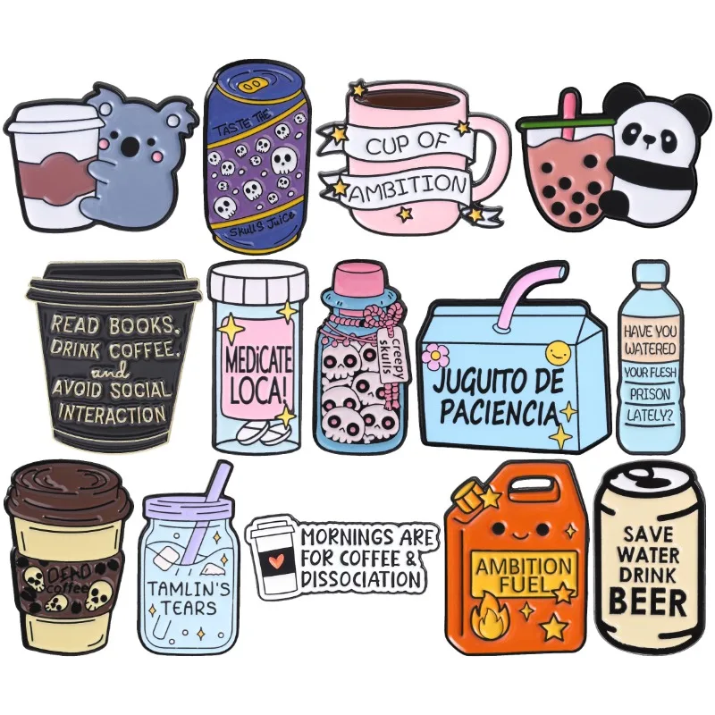 14 styles d'épingles en émail amusantes sur le thème des boissons (Koala, Panda, Café, Eau, Bière, Lait), badges et bijoux amusants sur le thème de l'ambition et des sodas, cadeau pour amis