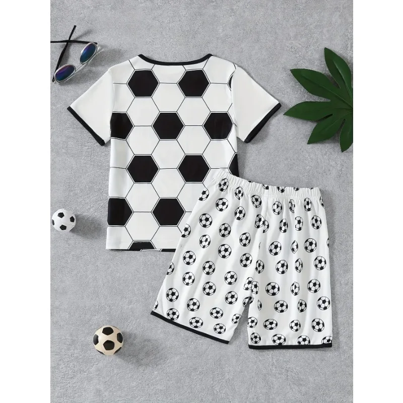 2pcs Boys Spring Summer Loungewear Set – Soccer Pattern Print Short Sleeve Crew Neck Top & Short Set, Cool Pattern Comfy PJ Set