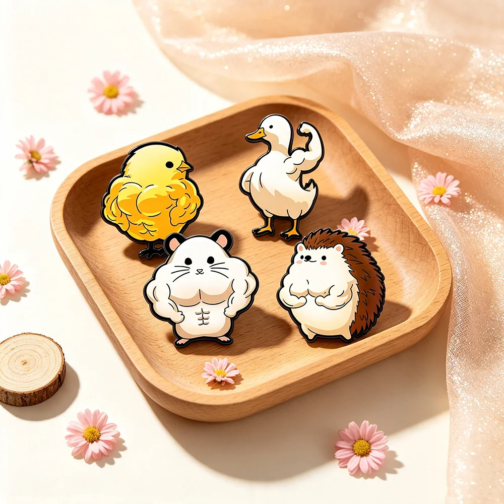 4-teiliges Cartoon-Fitness-Tier-Emaille-Broschen-Set: Muskel-Ente, Hamster, Igel Anstecknadeln – Lustiges Fitness-Geschenk für Sportbegeisterte – Detail 4