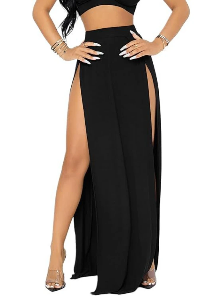 2024 Summer Sexy Women's Black Front High Slit Long Skirt Club High Waist Fashionable Irregular Trim Skirt