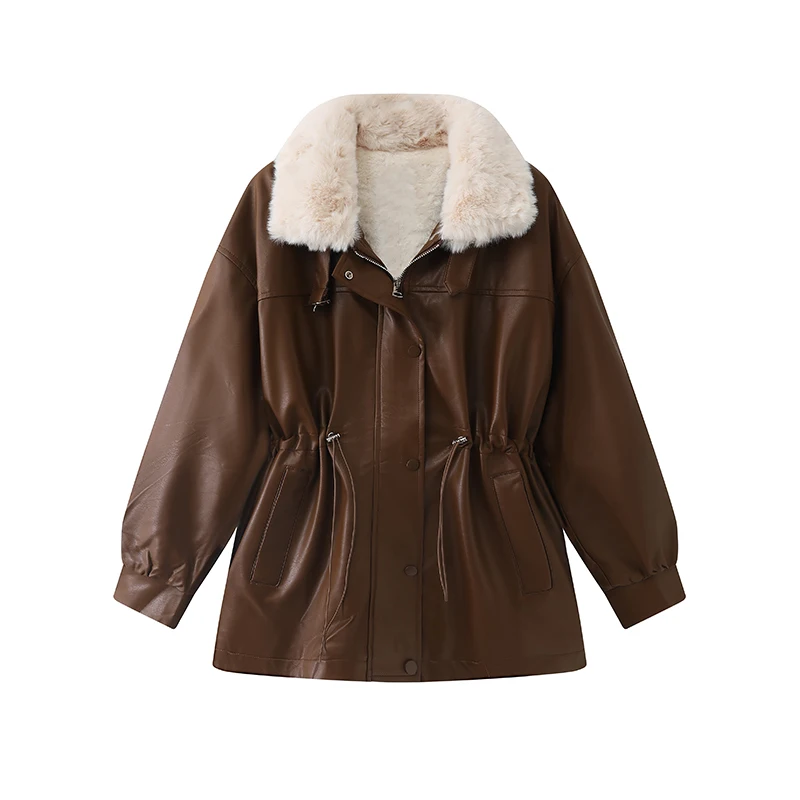 Abrigo de cuero Retro americano para mujer, cuello vuelto, cremallera, cintura elástica, ropa de abrigo, chaqueta que combina con todo, moda de
