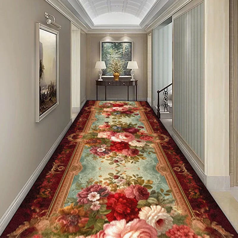 European Floral Hall Corridor Carpet Non-slip Washable Runner Stairway Rug Outdoors Aisle The Long Corridor Mat Customizable 카펫