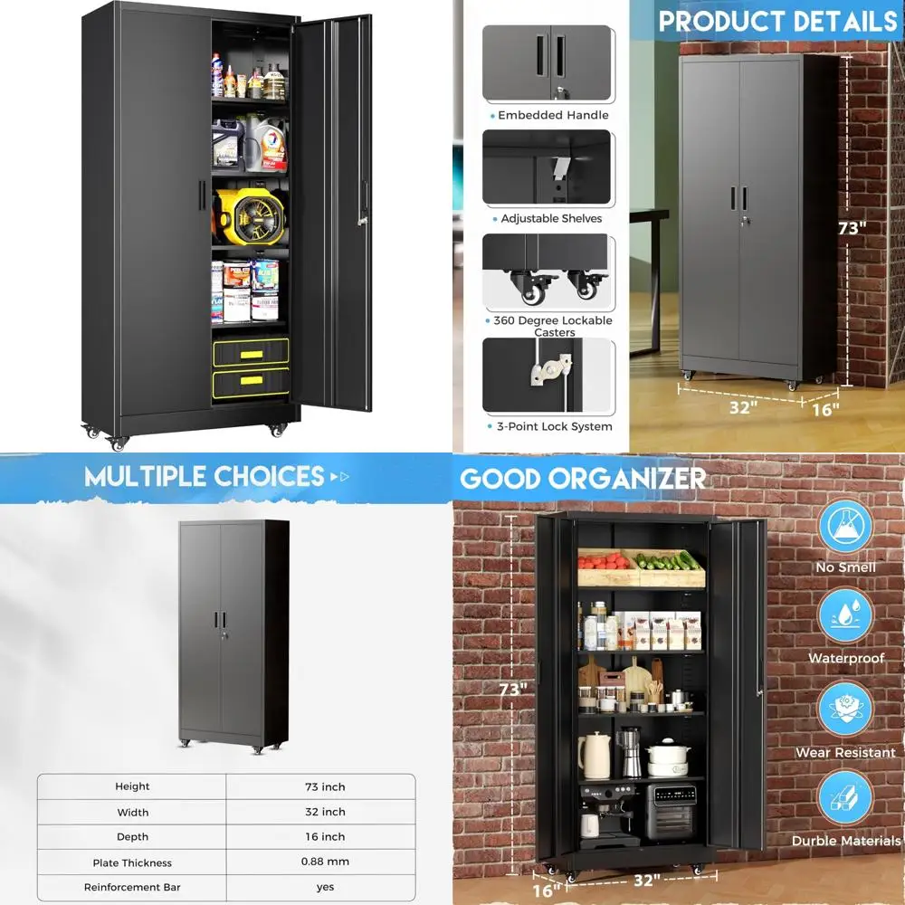 

Rolling Metal Storage Cabinet with 4 Wheels, 73 Tall, Black Garage Storage, Tool Cabinet with Swivel Casters for Mobility