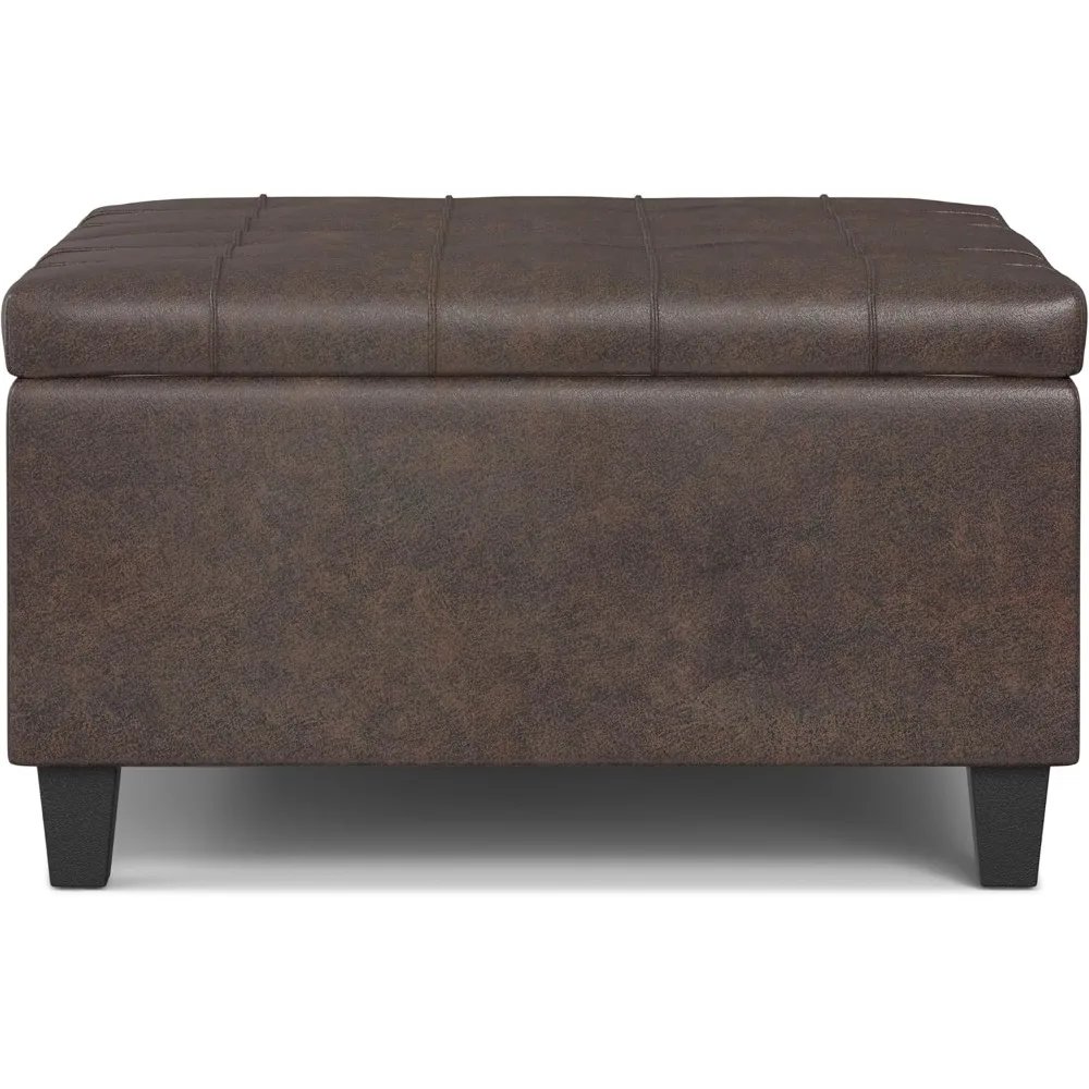 Harrison 30 Inch Wide Transitional Square Small Coffee Table Storage Ottoman In Distressed Brown Vegan Faux Leather, Assembled,
