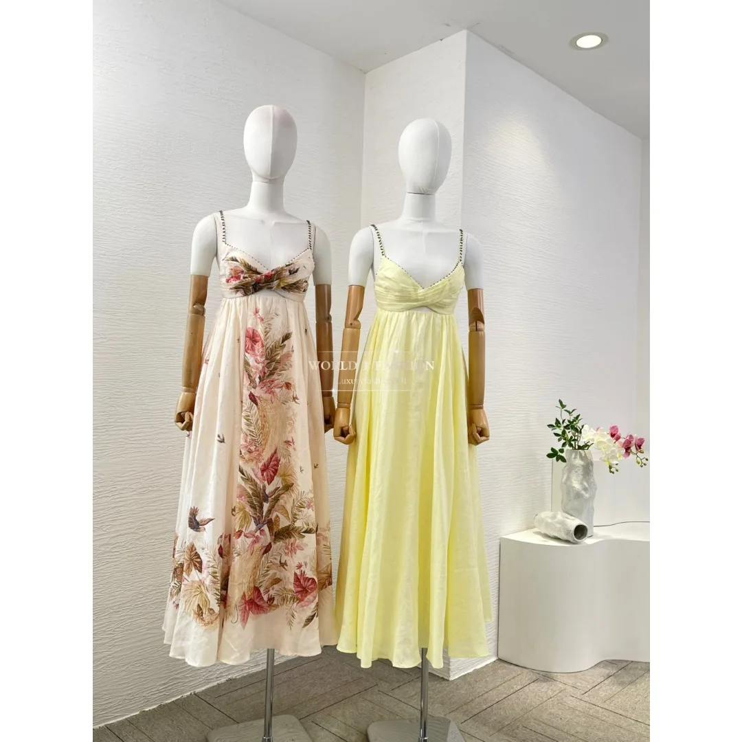 فستان متوسط الطول بدون أكمام بطبعة زهور بيج عالية الجودة للعطلات