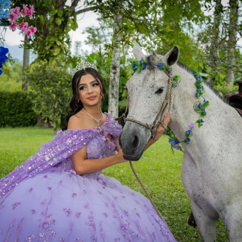 

Shiny Purple Quinceanera Dresses Off the Shoulder Glitter 3D Flower Decal Long tail Bow Vestidoe 15 Quinceanera Customize