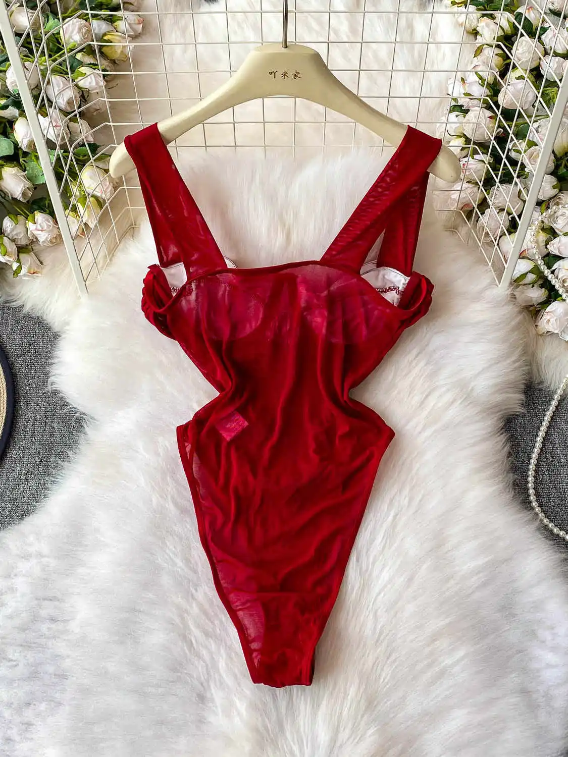 Vrouwen Rode Mesh Jumpsuits Vintage Skinny Speelpakjes Harajuku Lange Mouw Vierkante Kraag Exotische Sexy Zwarte Rompertjes Coquette Kleding