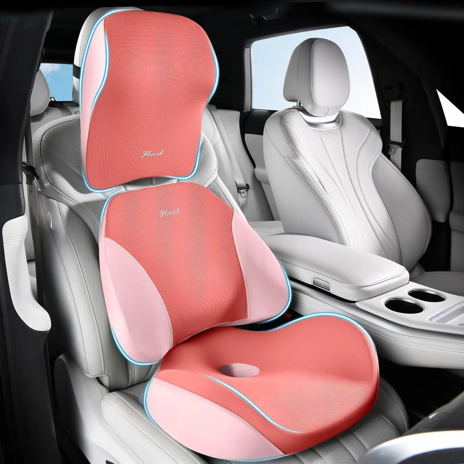 

Ergonomic Car Seat Cushion with Lumbar and Neck Support, Upgraded Larger Breathable Memory Foam - Pink