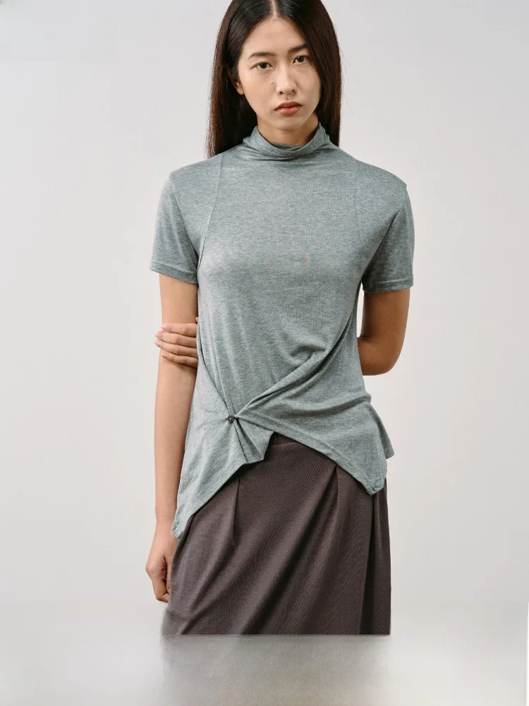 

And Kalika Wool High Neck Two-Way Short Sleeve Base Shirt Slim Fit T-Shirt Commute Style Pure Color Sweat-Wicking Summer Top